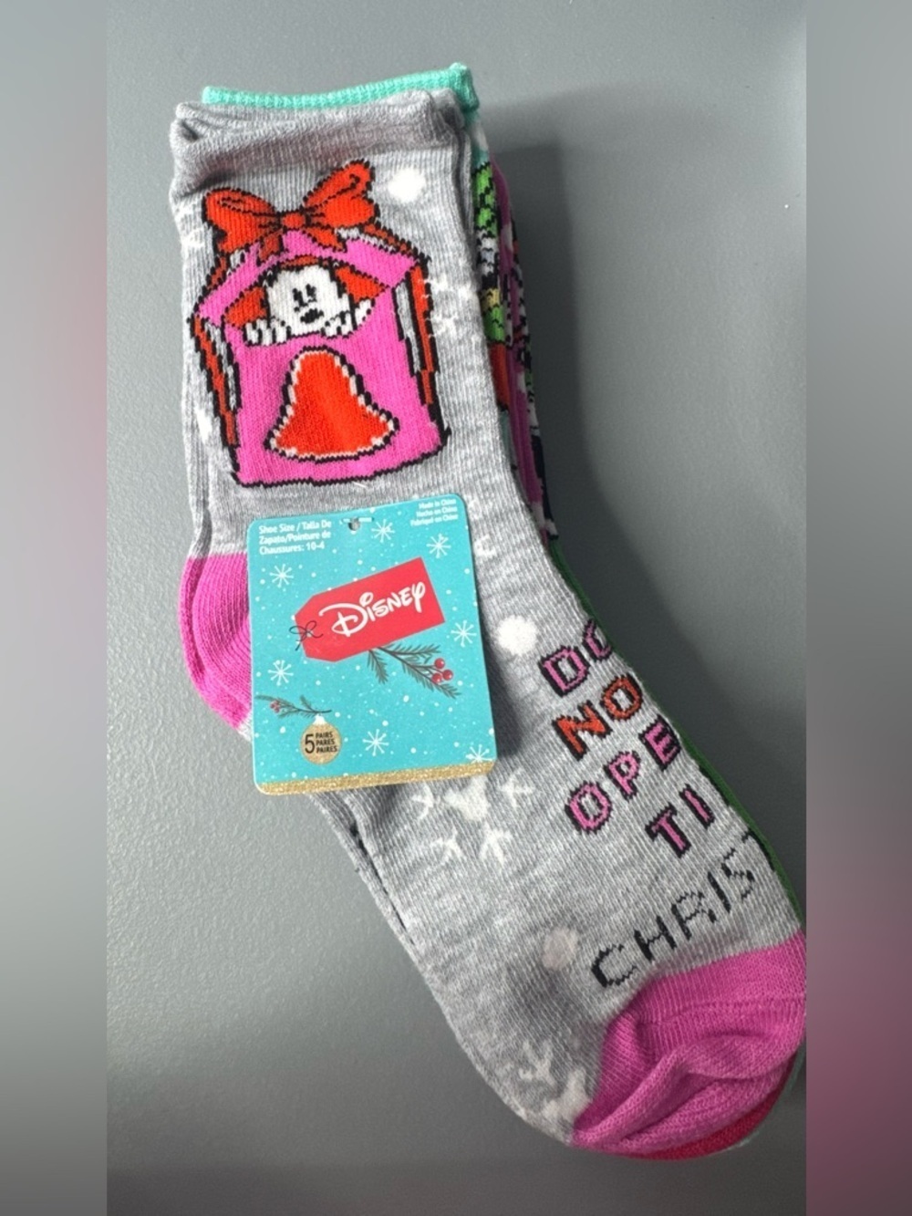 Disney Minnie Mouse Holiday Christmas themed socks don’t open gifts retro color